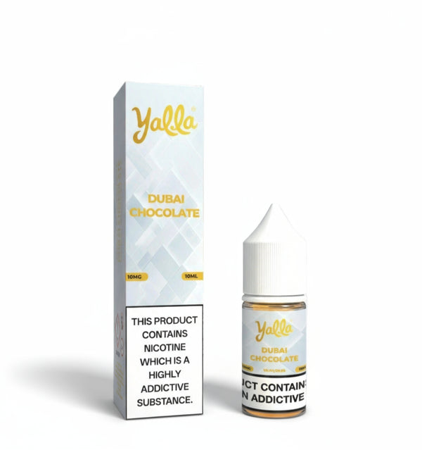 Yalla Dubai Chocolate e-liquid bottle and packaging on a white background