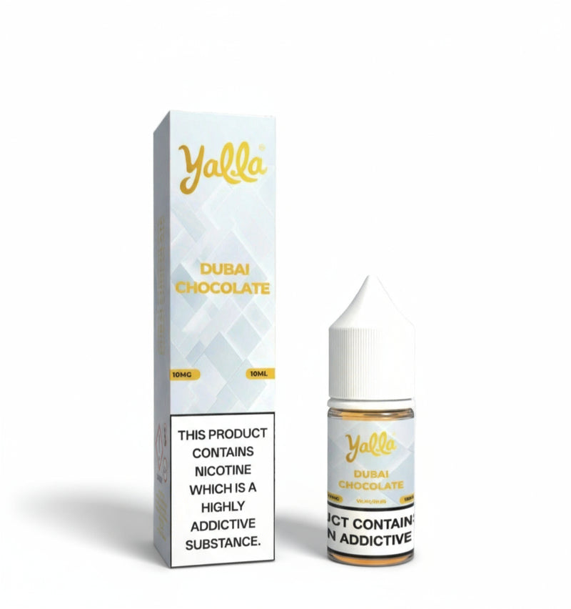 Yalla Dubai Chocolate e-liquid bottle and packaging on a white background